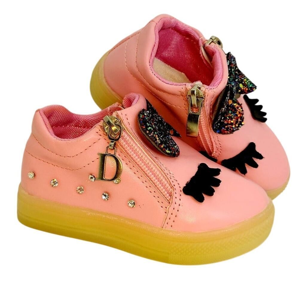 Hopscotch Girls Pink Eyelash & Bow Cute Sneakers - Size 7 Toddler - Pre-Owned